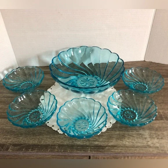 Vtg Hazel Atlas Colonial Swirl Capri Blue Serving Set - Picture 2 of 15